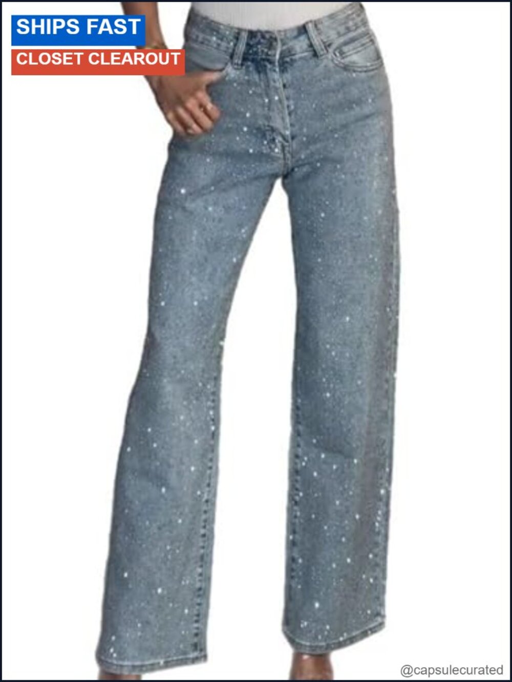 Rhinestone Wide Leg Baggy High Waisted Denim Jeans Sparkly Y2K Pants